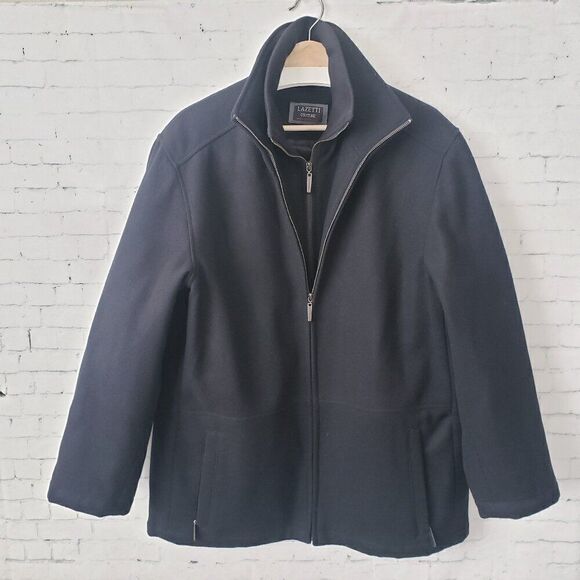 Lazetti Couture 100% Wool Coat Mens Size M Solid Black Full Zip Pockets Winter - Picture 1 of 10
